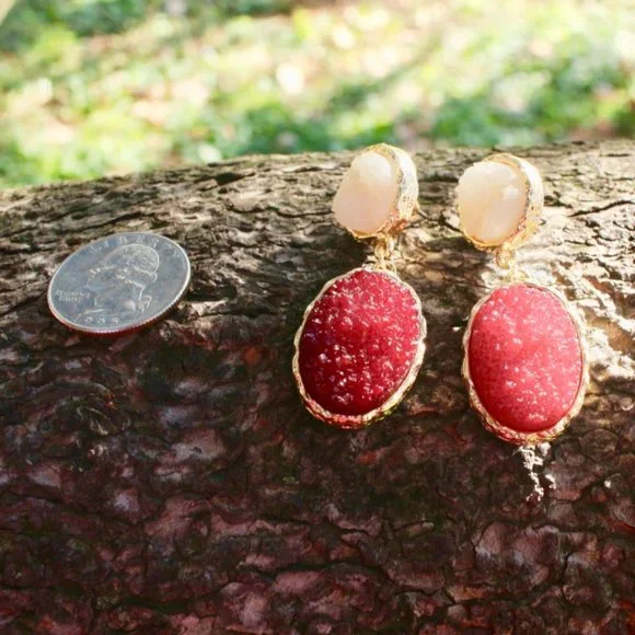 Anthropologie Druzy Wine Teardrop Dangle Earrings - Picture 9 of 12